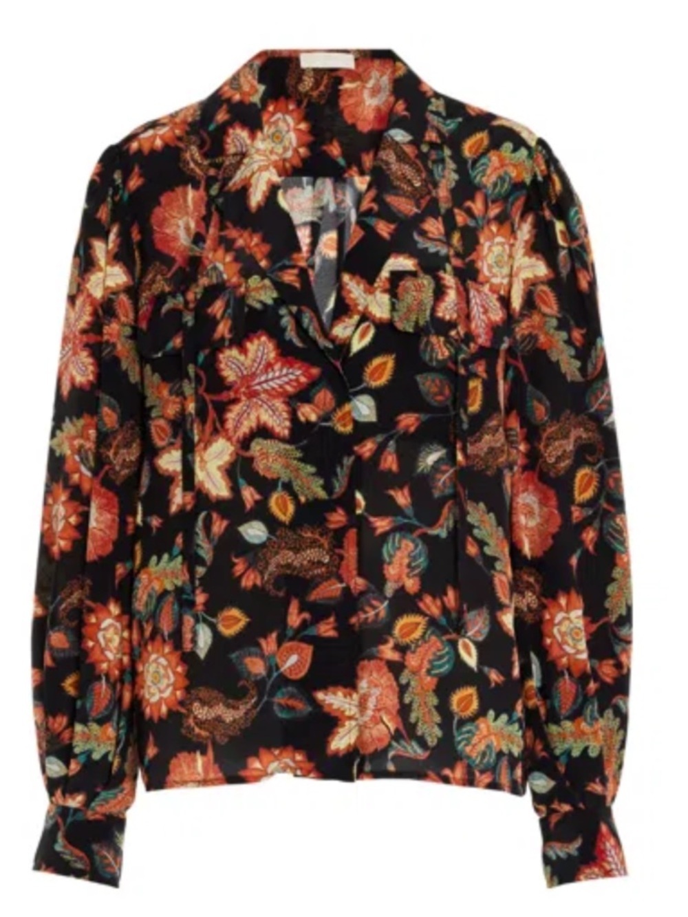 Ulla Johnson Black Floral V-Neck Long-Sleeve Blouse Orange&Green S 6 $450